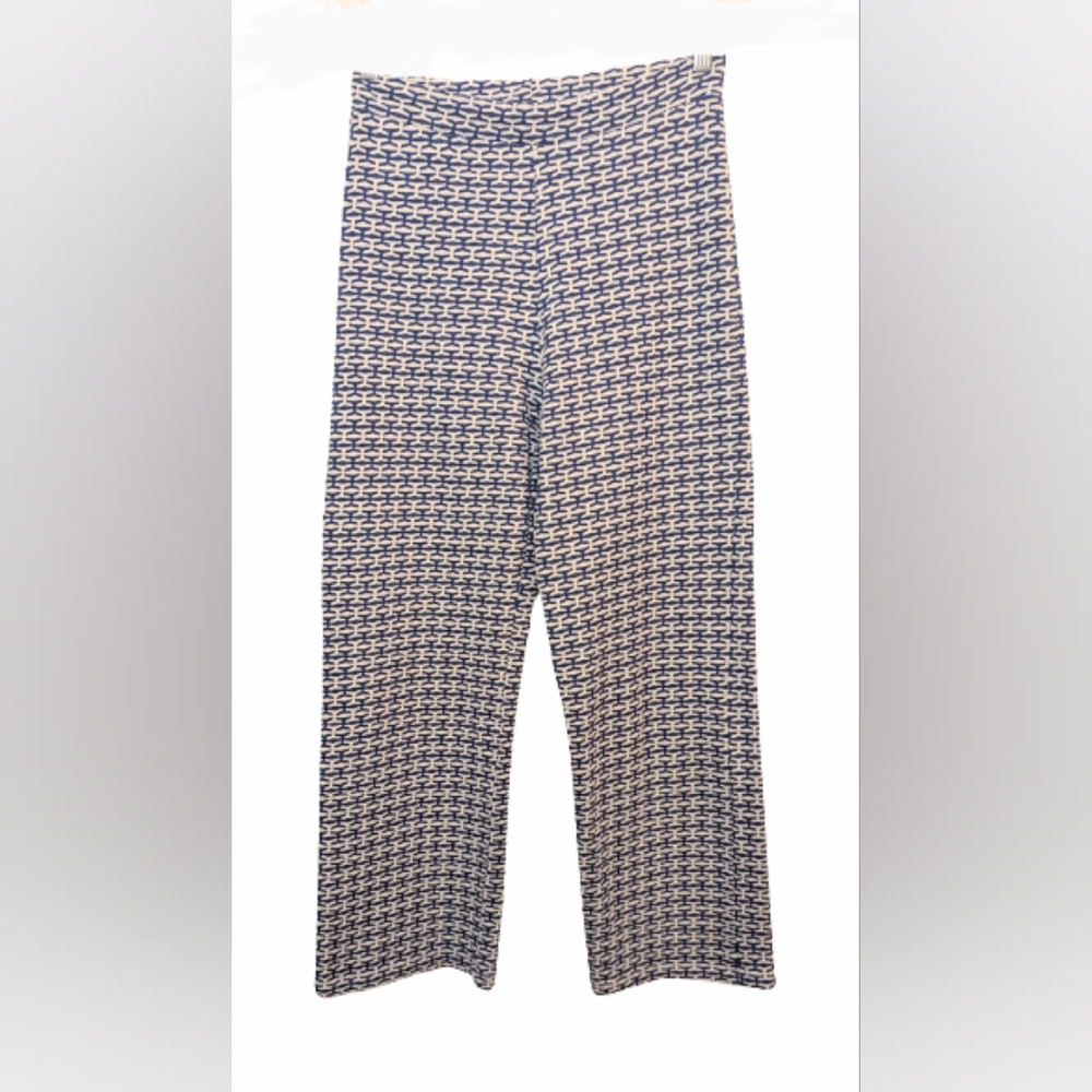 NWOT ZARA blue/white retro geometric design elastic waist knit flared cotton